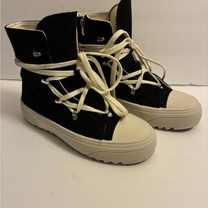 Fashion Nova Black and Cream Lace Up Boots